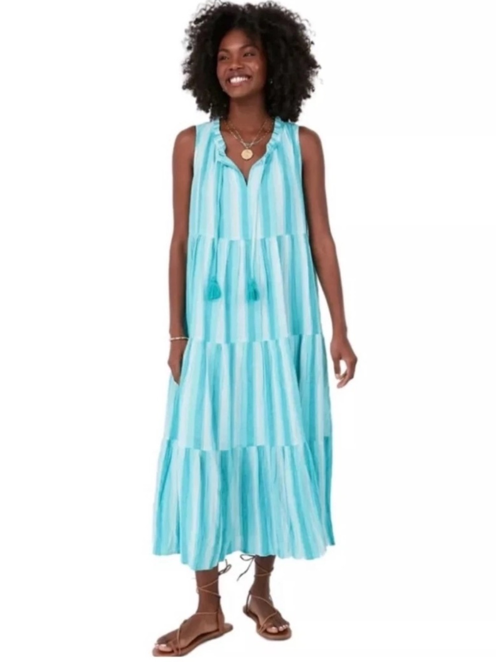 Tuckernuck Maxi Summer Beach Dress Aqua Stripe Salty Paloma Caftan Medium